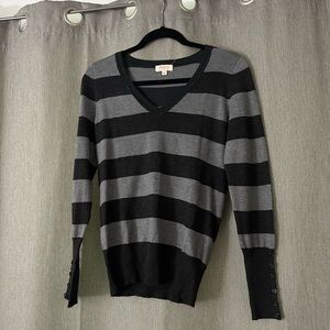 Striped V-Neck Sweater - Black and Gray